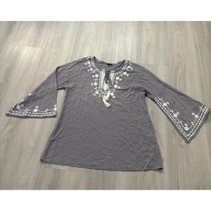 Floryday Women Top Blouse Embroidered Bell Sleeve Tunic Top Grey Boho Tassel M